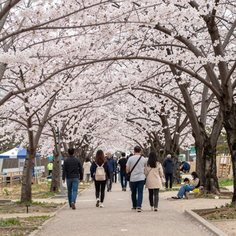 벚꽃 나무 아래에서 진행되는 봄꽃 축제의 풍경