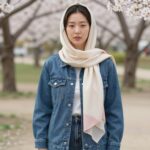 봄 나들이 코디 예시로 핏 좋은 데님과 실크 스카프를 매치한 여성의 사진