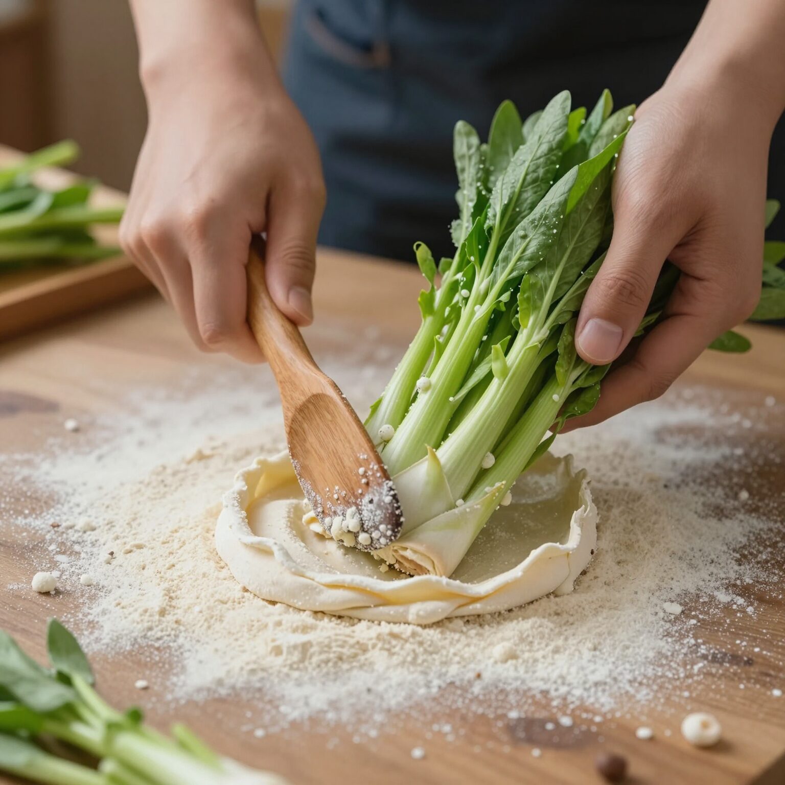 쑥과 반죽을 젓가락으로 가볍게 섞는 과정