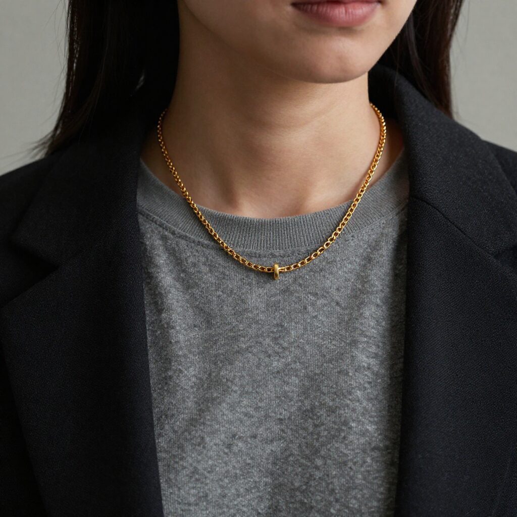 스톤헨지 14K 목걸이를 캐주얼 옷과 함께 착용한 모습