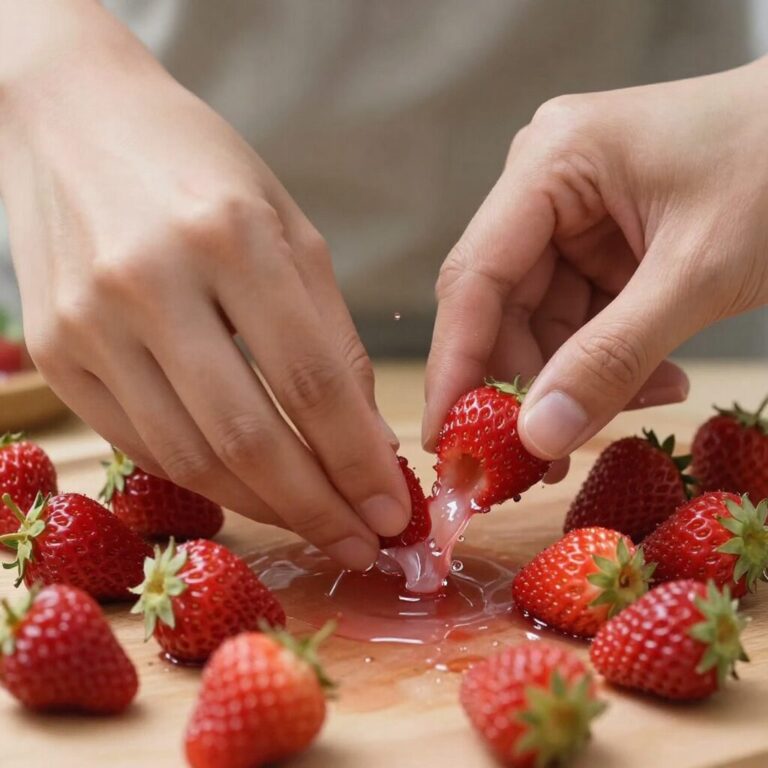 꼬지에 꽂아 물기를 제거한 딸기 준비 과정