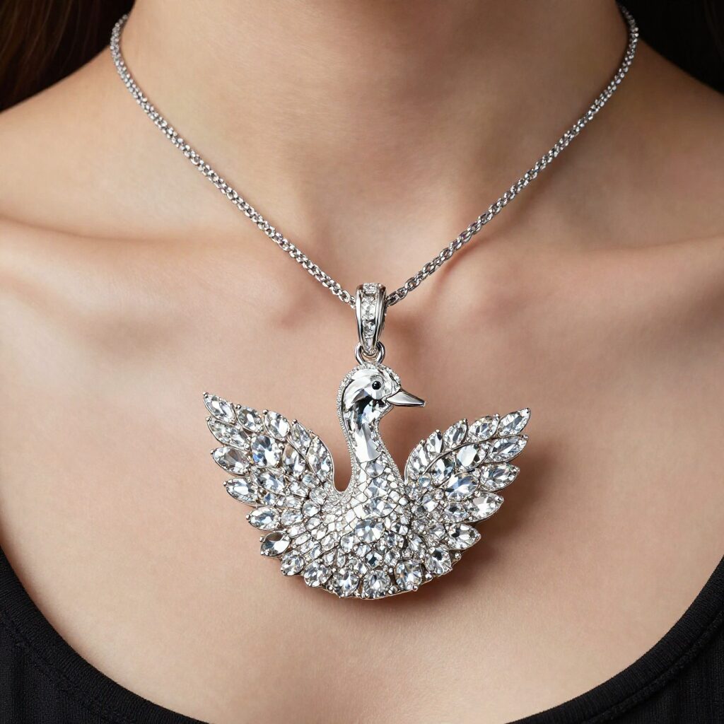 스와로브스키 백조 펜던트 목걸이를 목에 착용한 모습