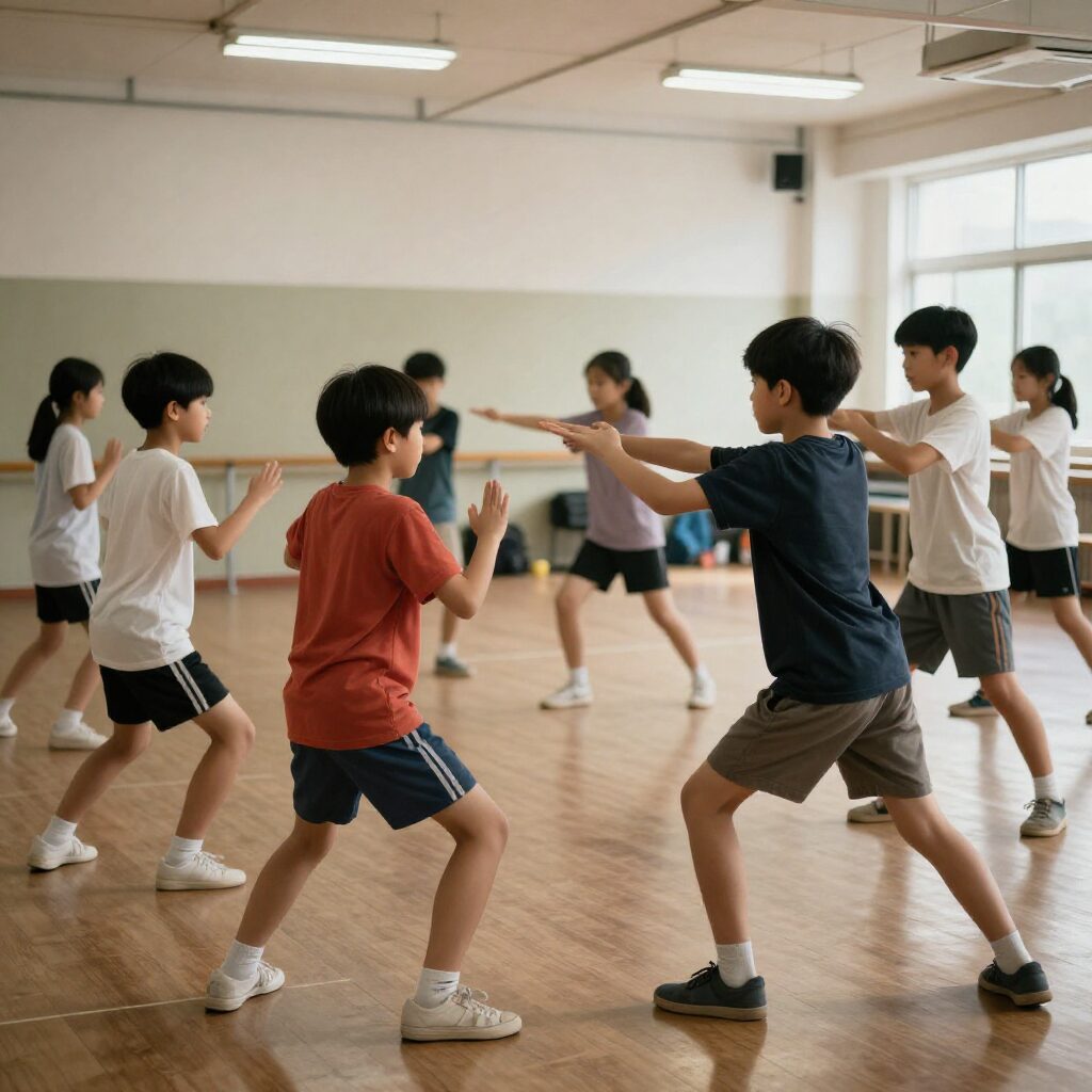 청소년들이 함께 체조 동작을 하고 있는 모습