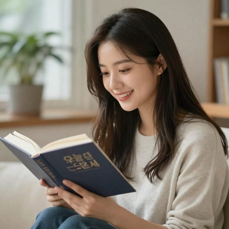 오늘의 운세를 확인하는 젊은 여성이 미소 지으며 책을 보고 있다