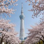 도쿄 스카이트리와 벚꽃이 함께 보이는 풍경