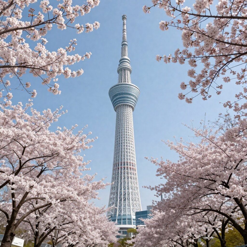 도쿄 스카이트리와 벚꽃이 함께 보이는 풍경