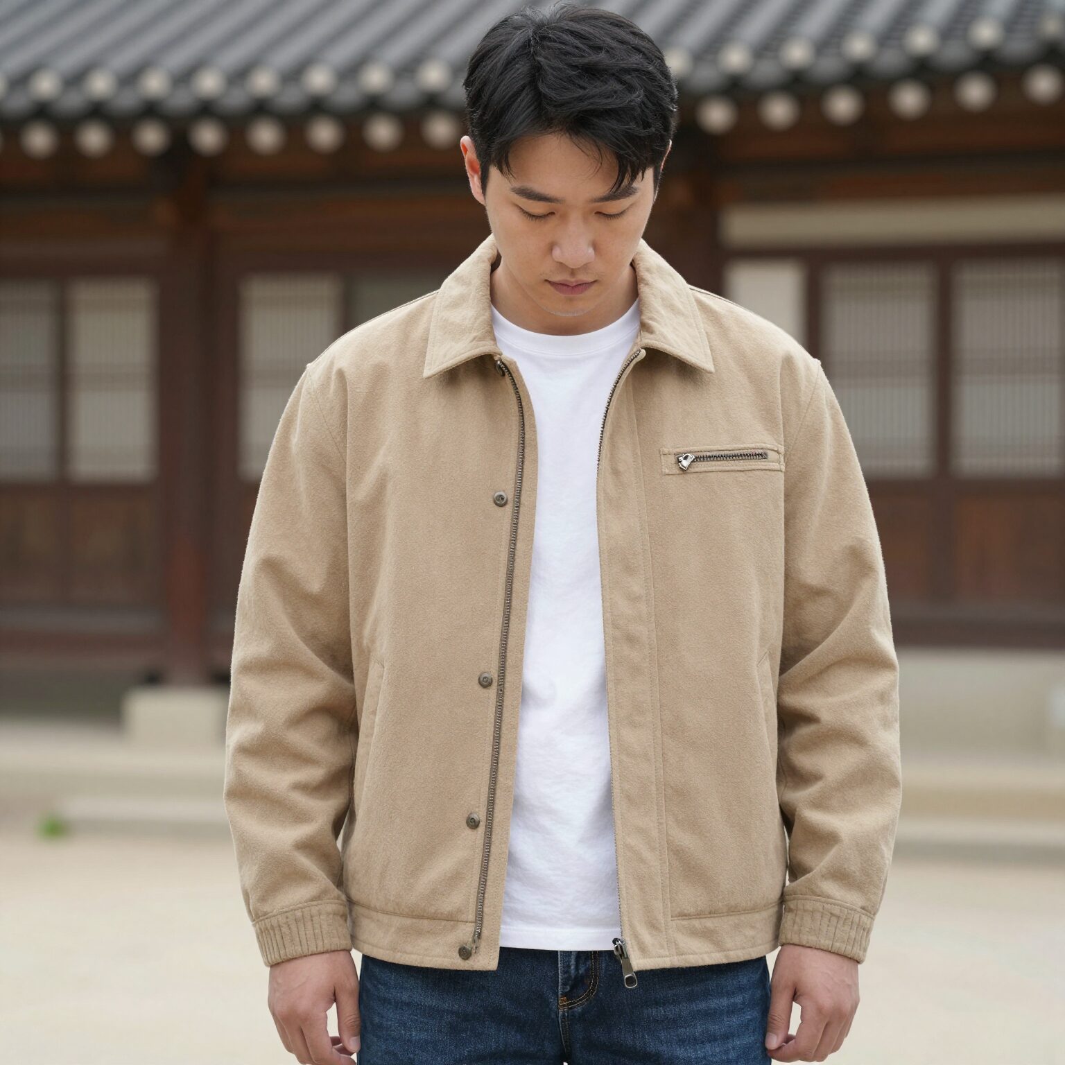 타미힐피거 소프트쉘 코치 자켓을 청바지와 함께 캐주얼하게 코디한 모습