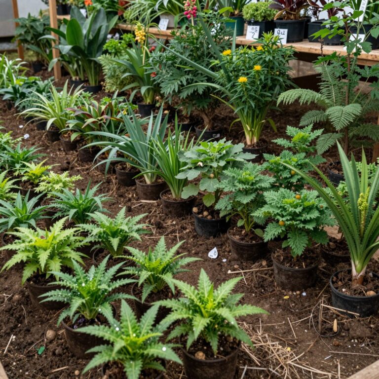 나무시장 내 다양한 묘목이 줄지어 진열된 모습