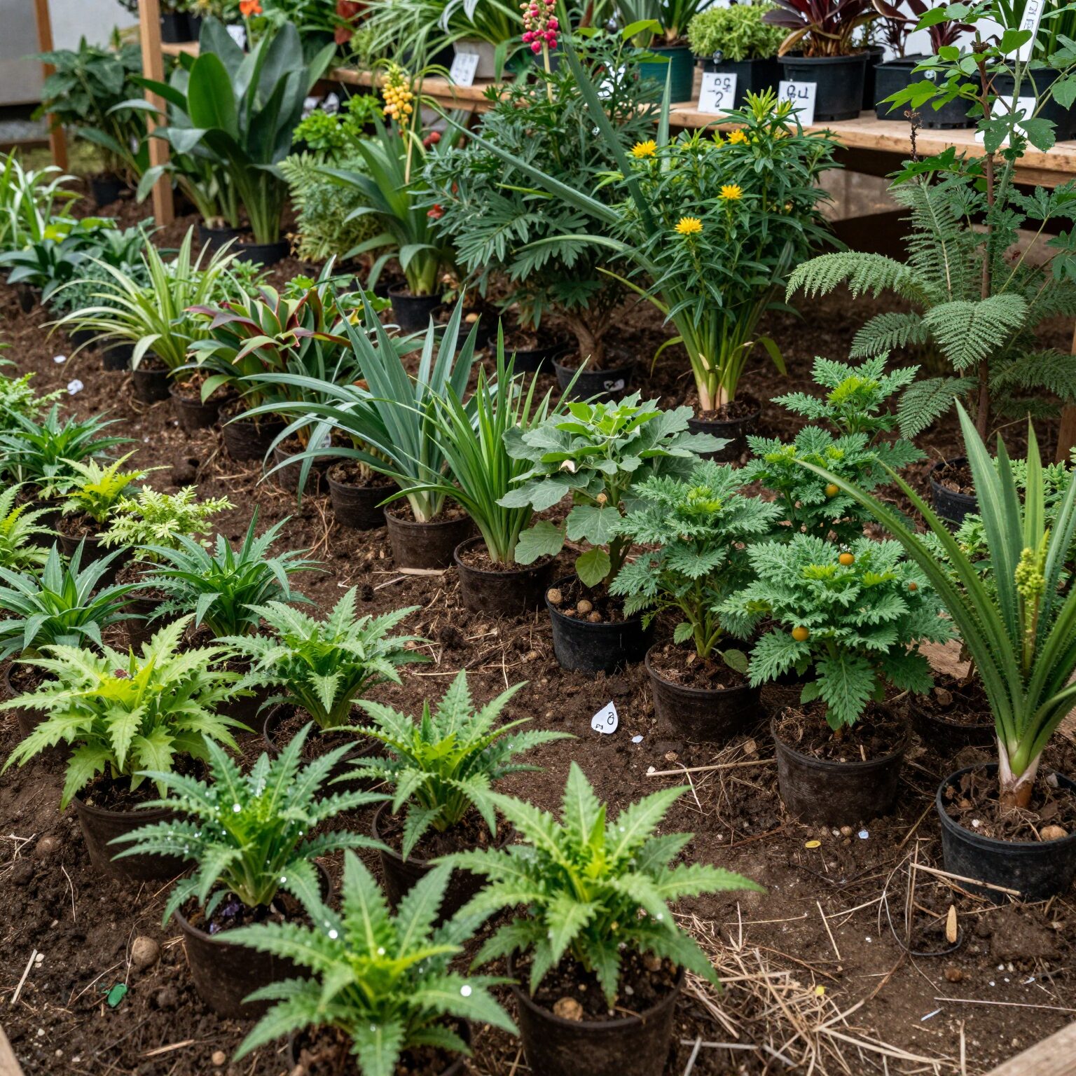 나무시장 내 다양한 묘목이 줄지어 진열된 모습