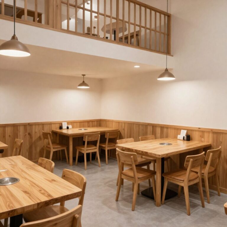 우동카덴 2층 매장 내부 모습, 깔끔한 인테리어와 나무 테이블이 있는 공간
