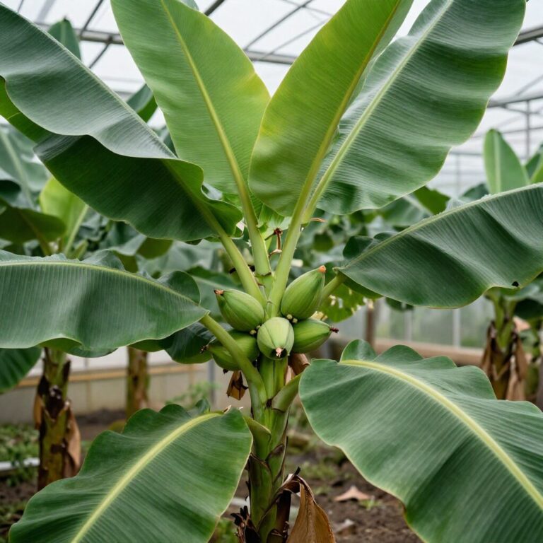 완도 바나나농장 온실 내부에서 자라는 푸른 바나나나무와 열매
