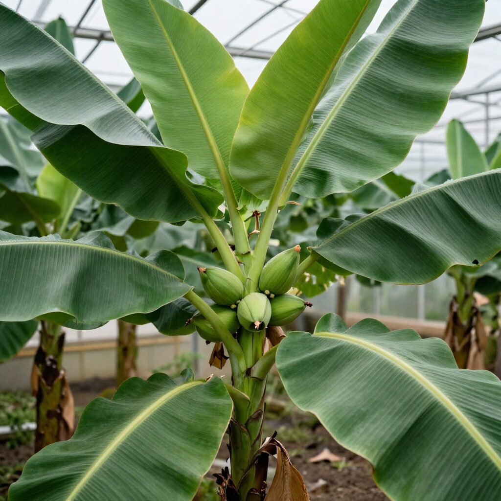 완도 바나나농장 온실 내부에서 자라는 푸른 바나나나무와 열매