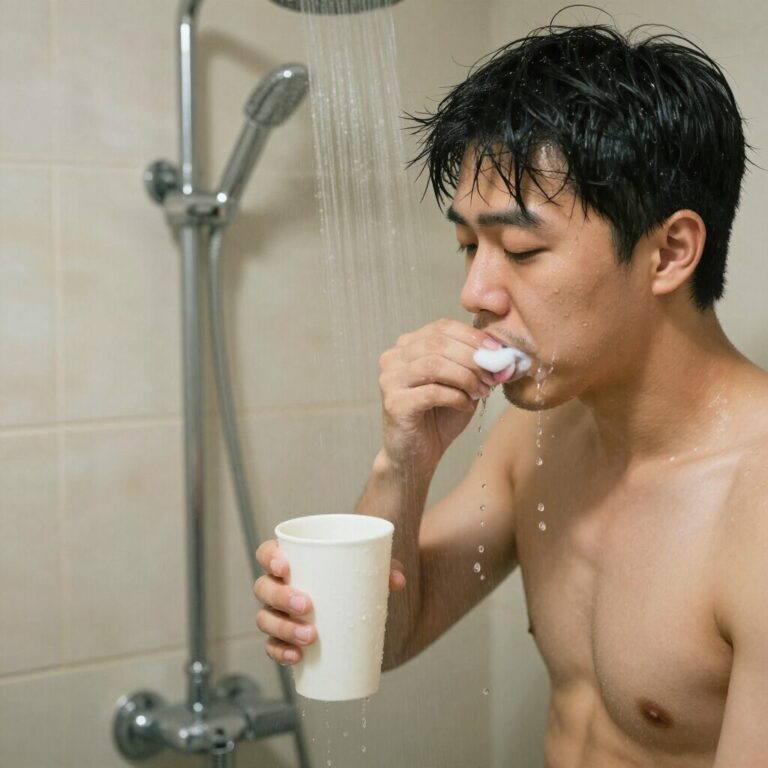 집에서 물 절약을 실천하는 모습 샤워 시간 줄이기와 양치할 때 컵 사용하기