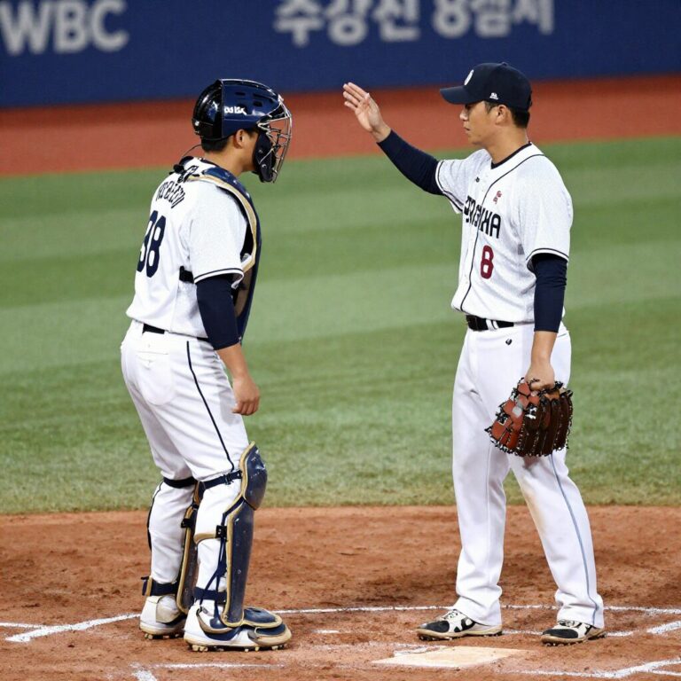 한국과 도미니카 야구 선수가 홈플레이트에서 포수와 대화하는 WBC 8강전 경기 장면