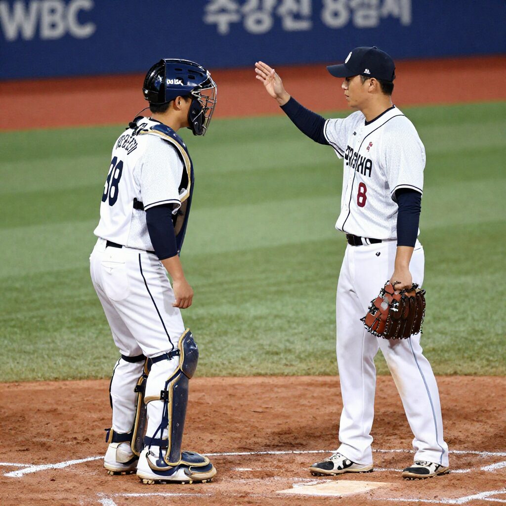 한국과 도미니카 야구 선수가 홈플레이트에서 포수와 대화하는 WBC 8강전 경기 장면