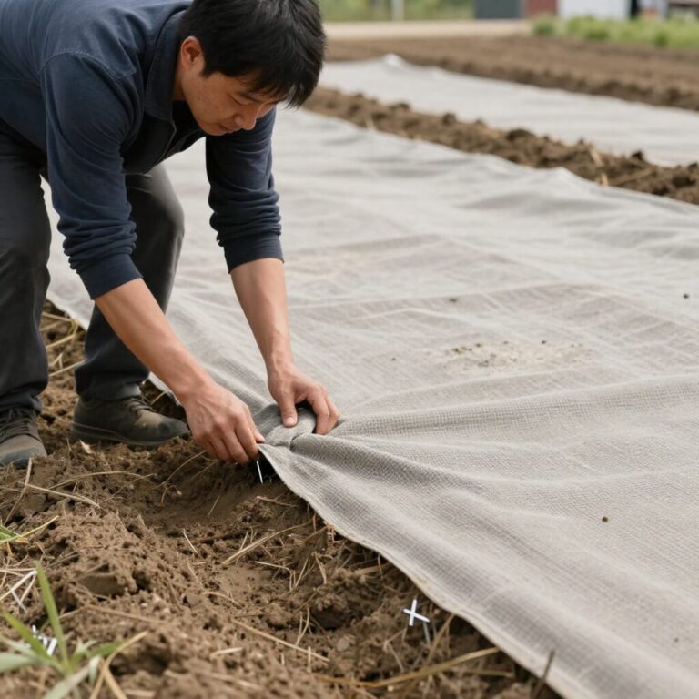제초매트를 밭에 펼치고 고정핀으로 고정하는 모습