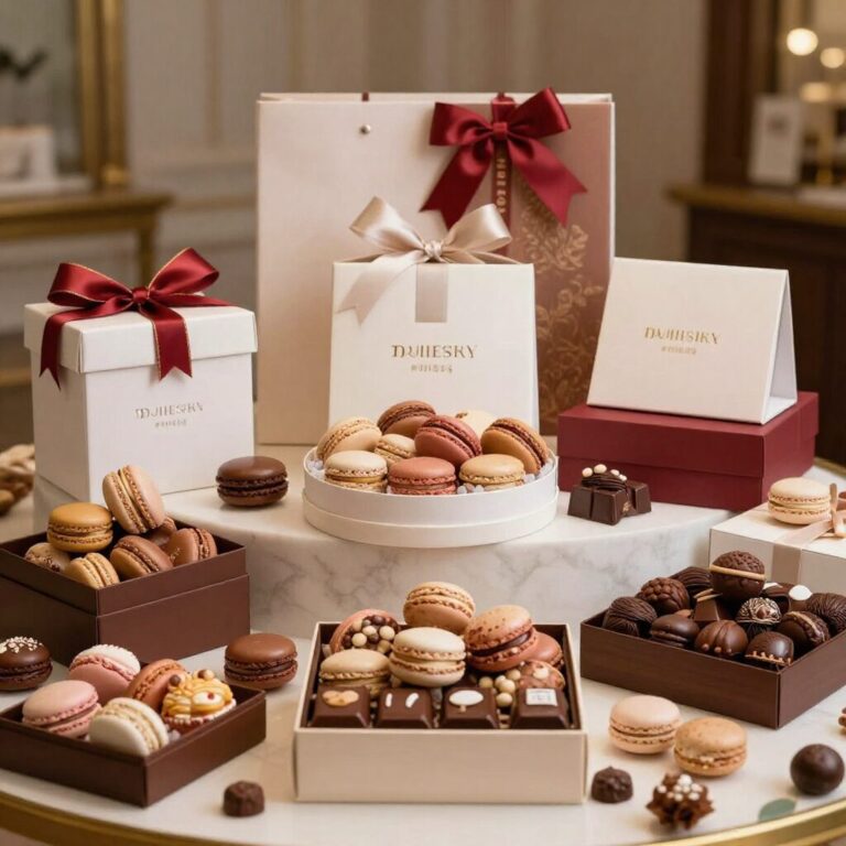 다양한 화이트데이 선물로 마카롱과 패키지 초콜릿이 예쁘게 진열되어 있는 모습
