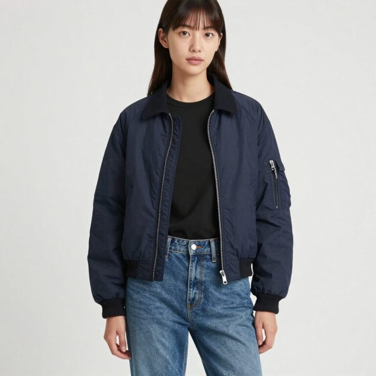 여성용 네이비 코듀로이 항공점퍼를 청바지와 블랙 티셔츠에 매치한 캐주얼 룩