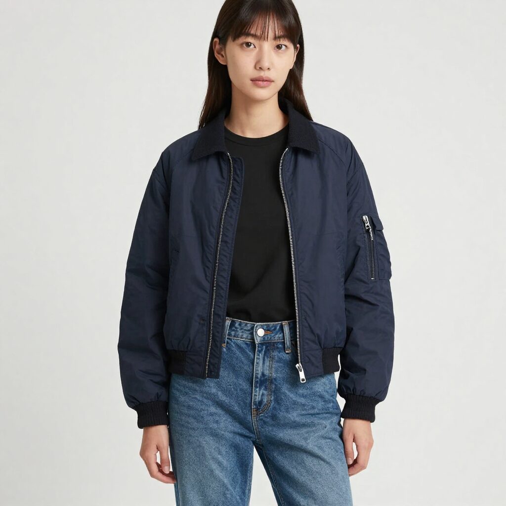 여성용 네이비 코듀로이 항공점퍼를 청바지와 블랙 티셔츠에 매치한 캐주얼 룩