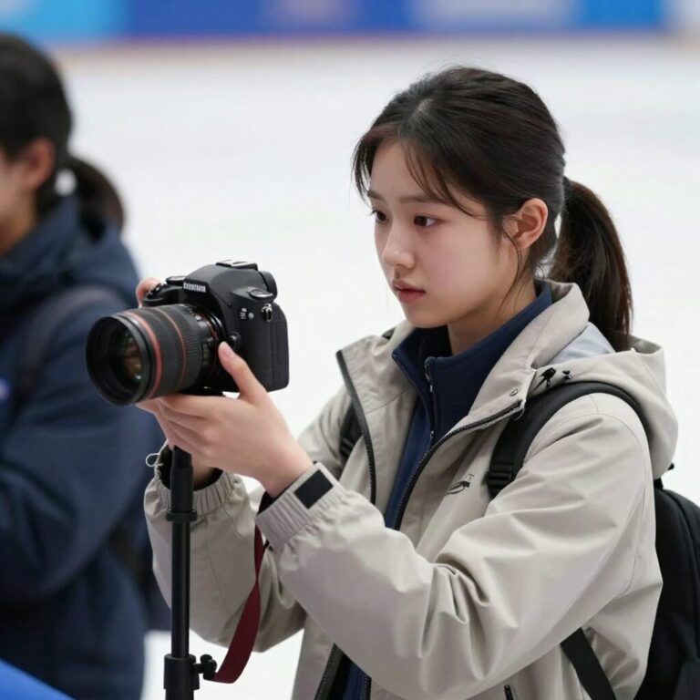세계 피겨 선수권 대회 관람을 위해 비행기를 타고 있는 젊은 여성의 모습