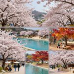 양재천의 사계절 풍경을 보여주는 콜라주 사진 봄 벚꽃 여름 수영장 가을 카페거리 겨울 썰매장