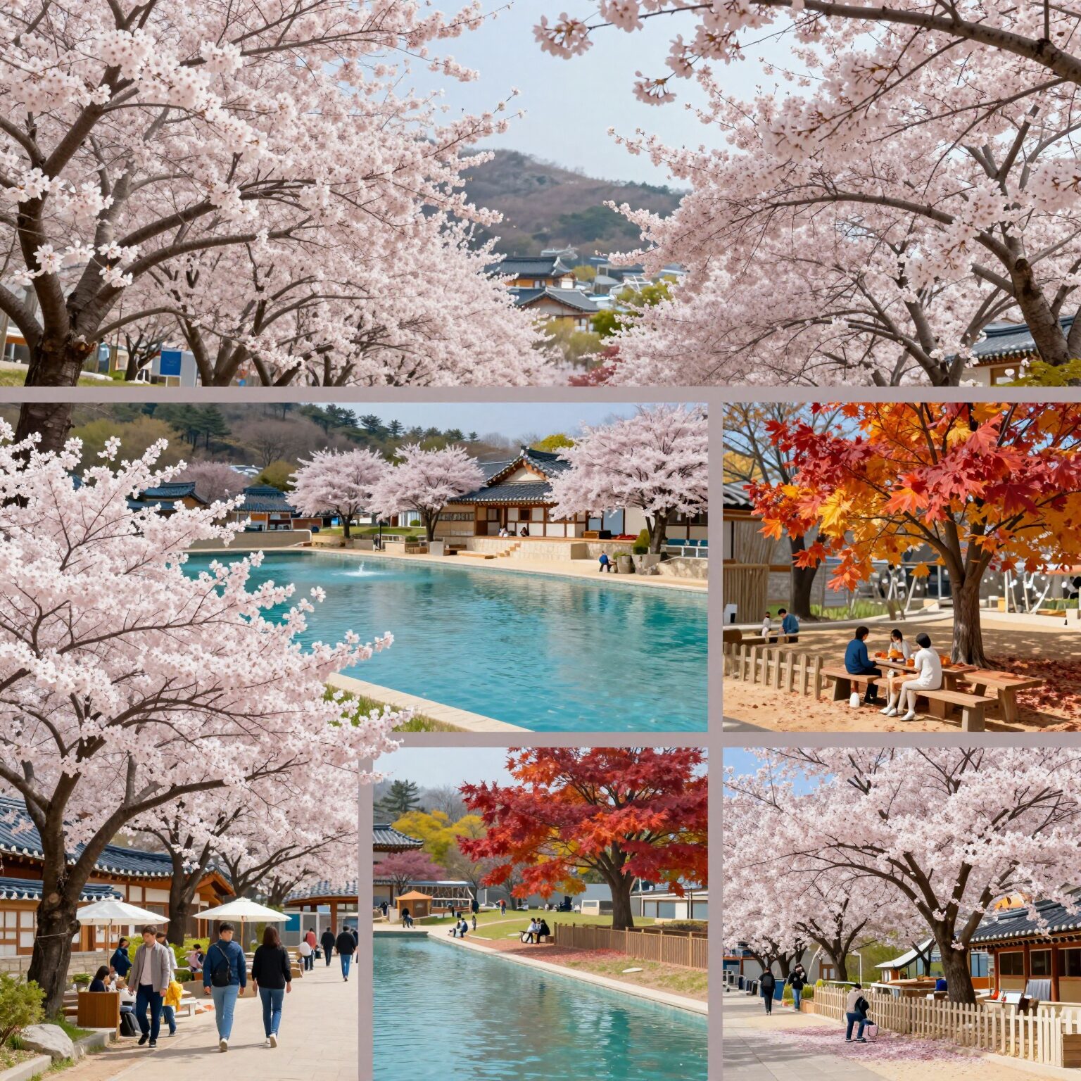 양재천의 사계절 풍경을 보여주는 콜라주 사진 봄 벚꽃 여름 수영장 가을 카페거리 겨울 썰매장