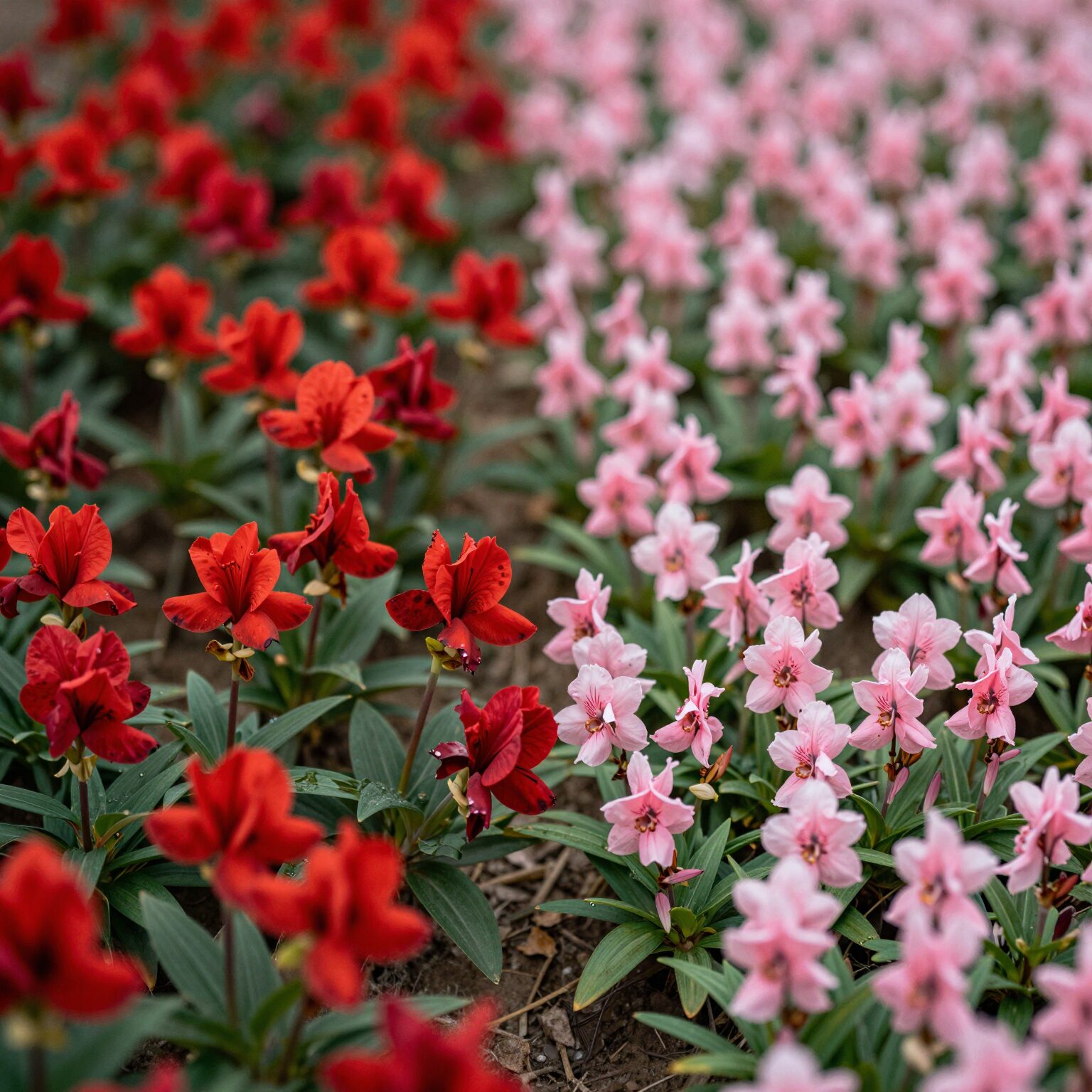 연산홍과 철쭉 꽃 비교 사진 붉은색 연산홍과 분홍색 철쭉 나란히 핀 모습