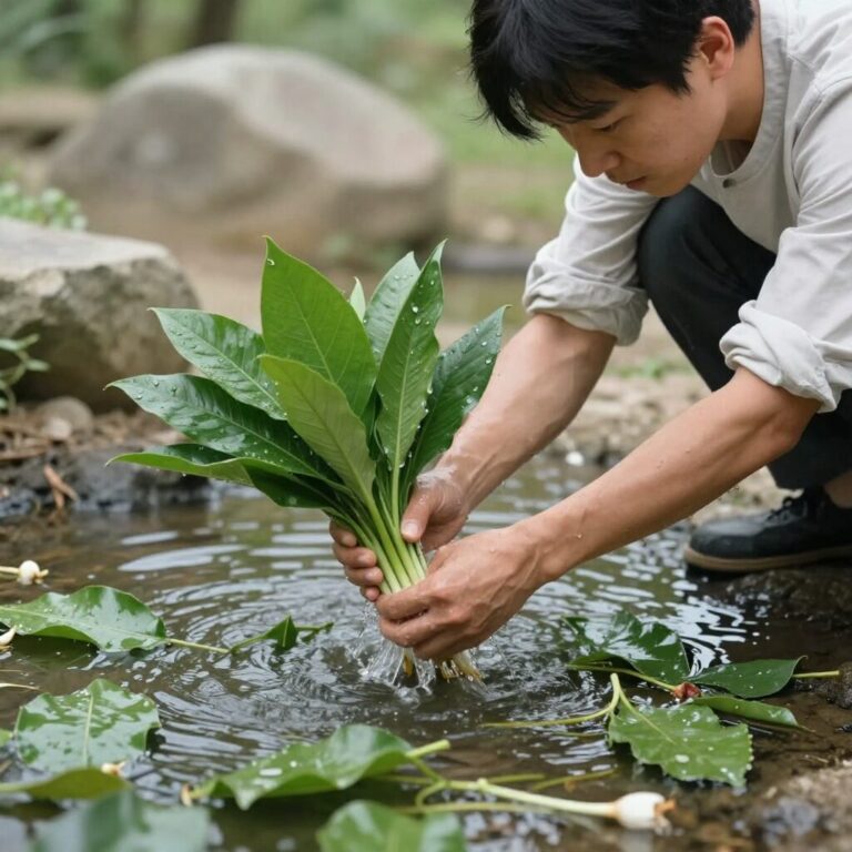 흐르는 물에 풋마늘 잎을 벌려가며 세척하는 모습