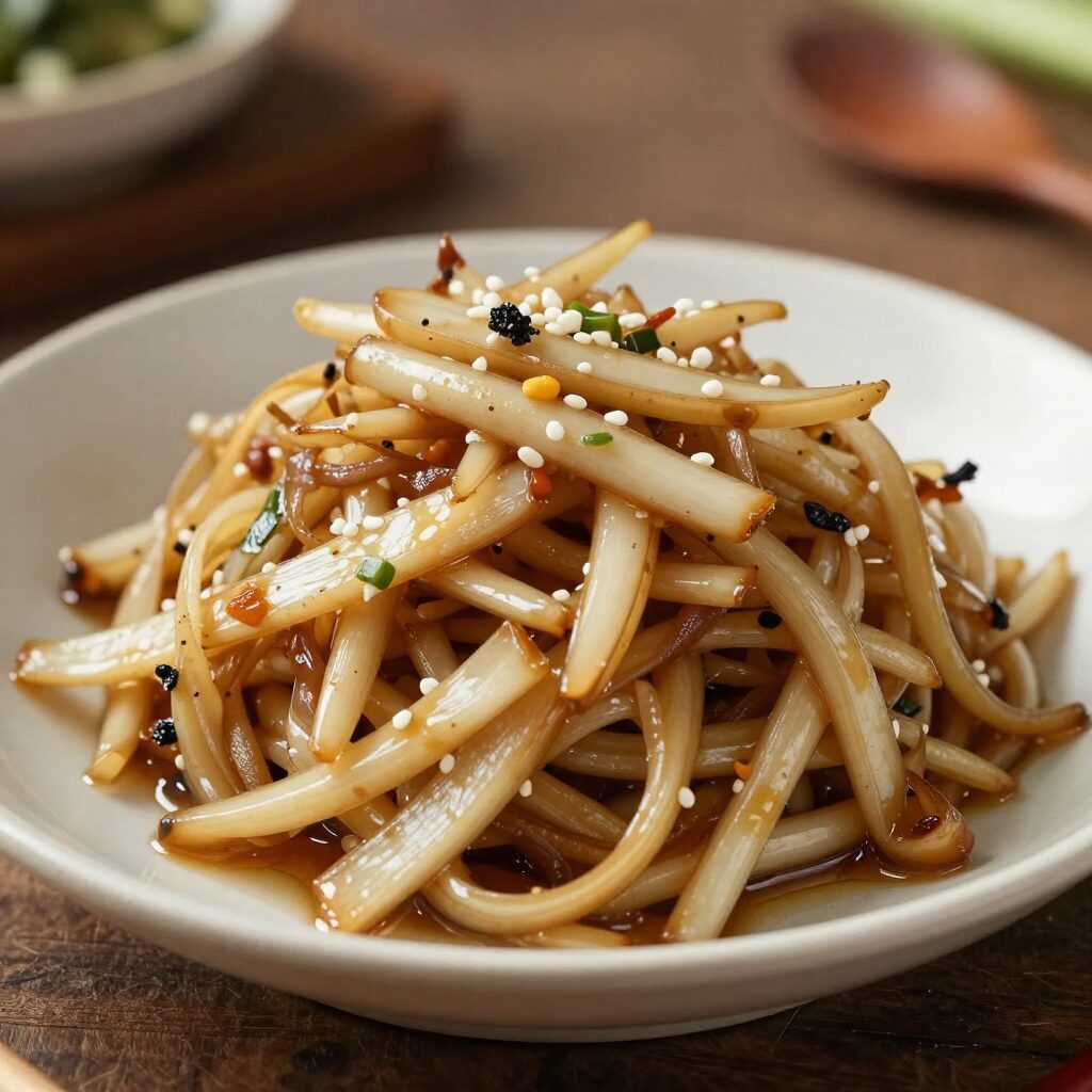 데친 풋마늘에 국간장과 부순 김을 넣고 버무리는 과정