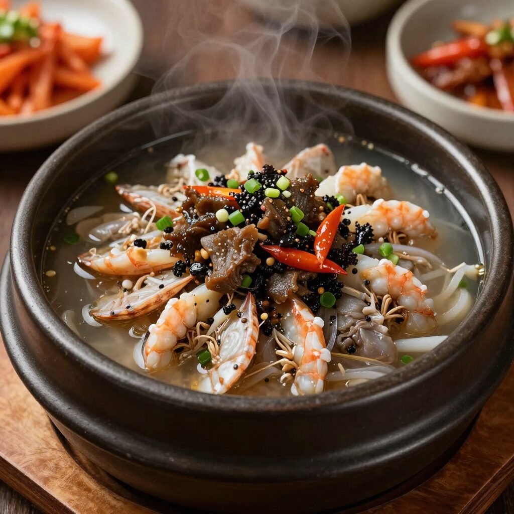 평화식당의 대표 메뉴 육회비빔밥 세트와 보리새우육수