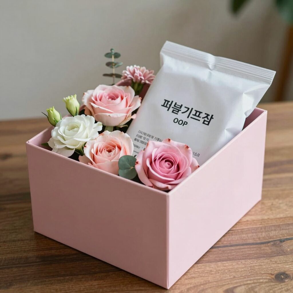 퍼플기프트샵 용돈박스 제품 사진, 시어머니 어버이날 선물로 준비한 깔끔한 핑크색 상자 안에 조화와 OPP 봉투가 보이는 모습
