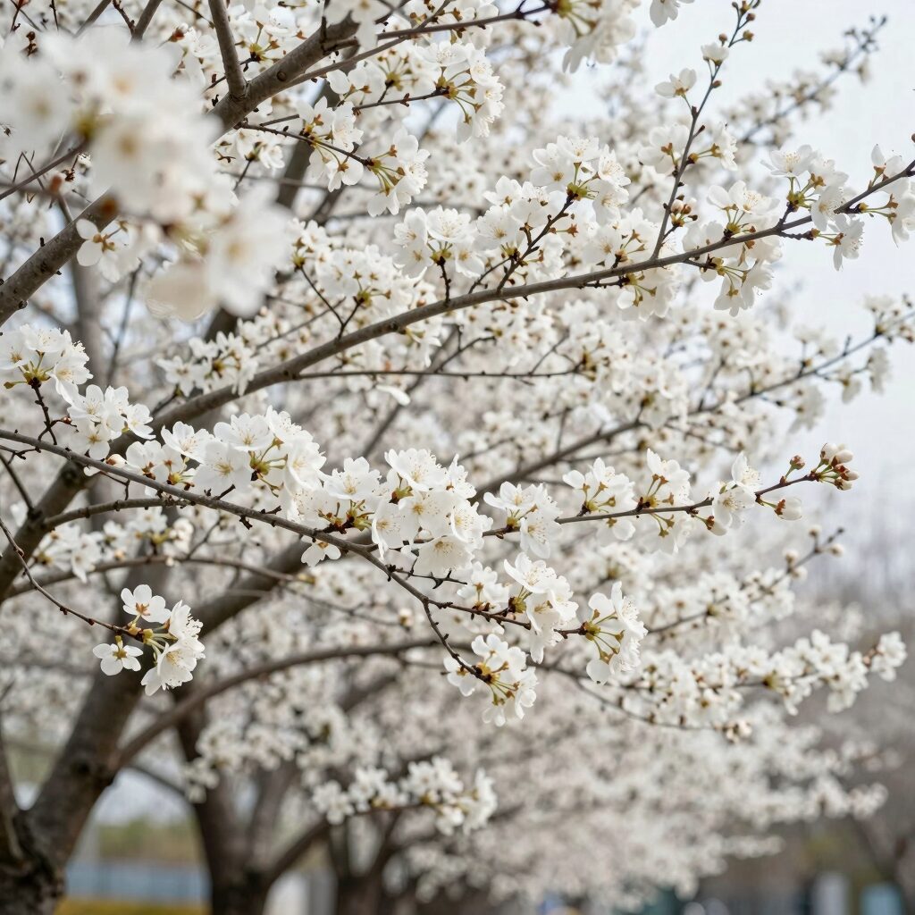 하얀 장미 조팝나무 꽃이 가지마다 풍성하게 피어 있는 모습