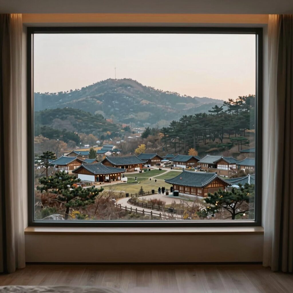 아바커스 호텔 창밖으로 보이는 헤르체갈롬 전원 마을 아침 풍경