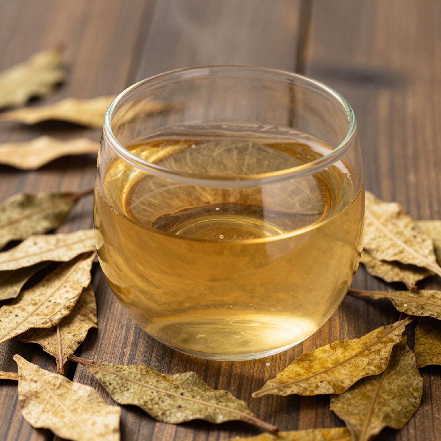 말린 오가피잎을 우려낸 황금빛 차 한 잔
