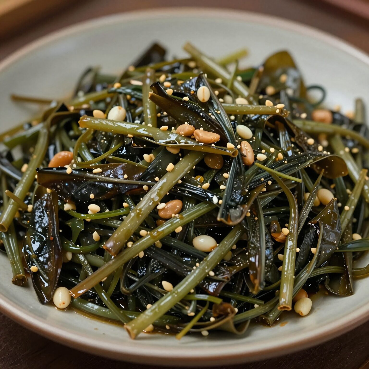 접시에 담긴 윤기나는 다래순나물볶음