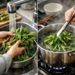 싱싱한 엄나물을 흐르는 물에 씻고 끓는 물에 데치는 과정