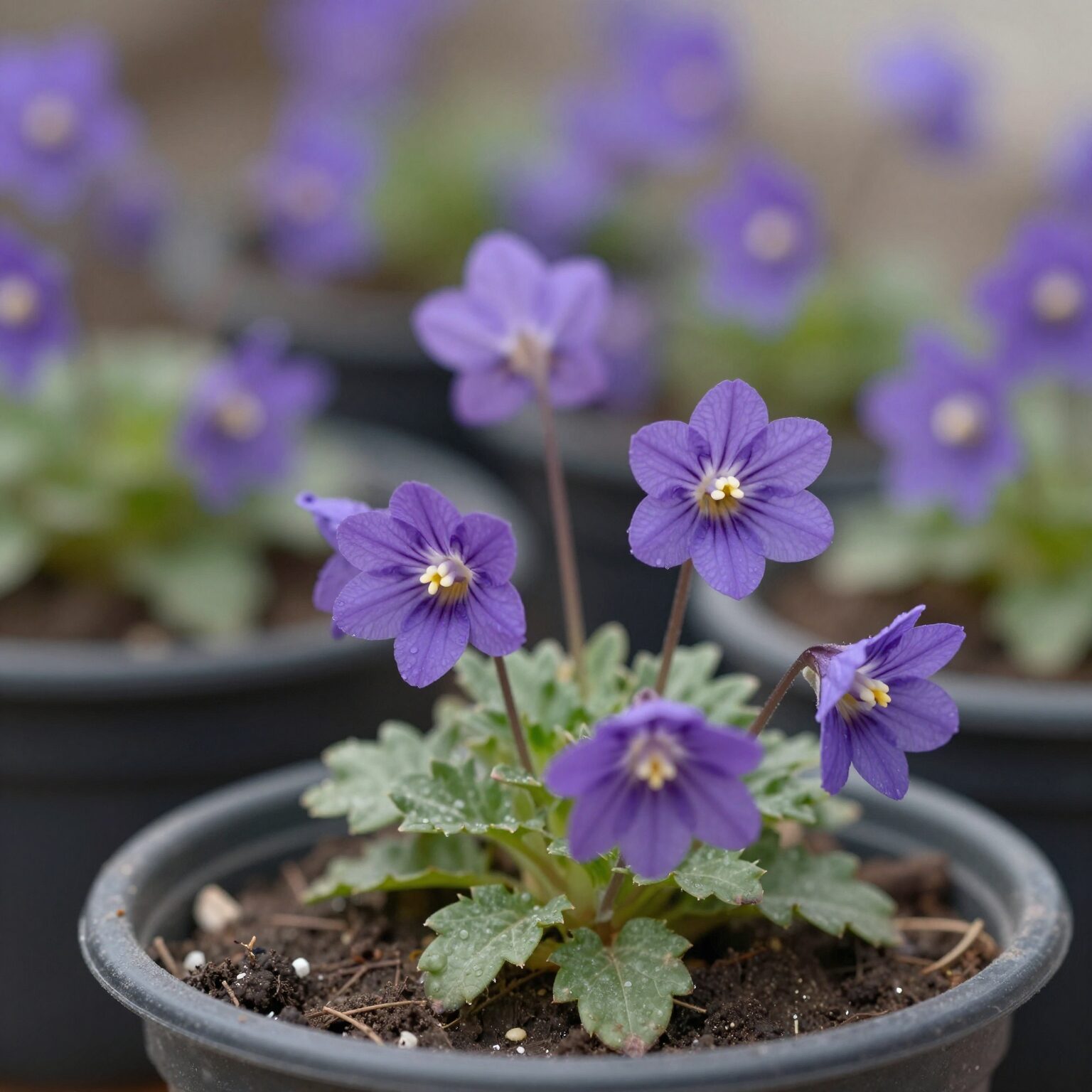 베란다 화분에서 피어난 보라색 조개나물 꽃 close-up 사진