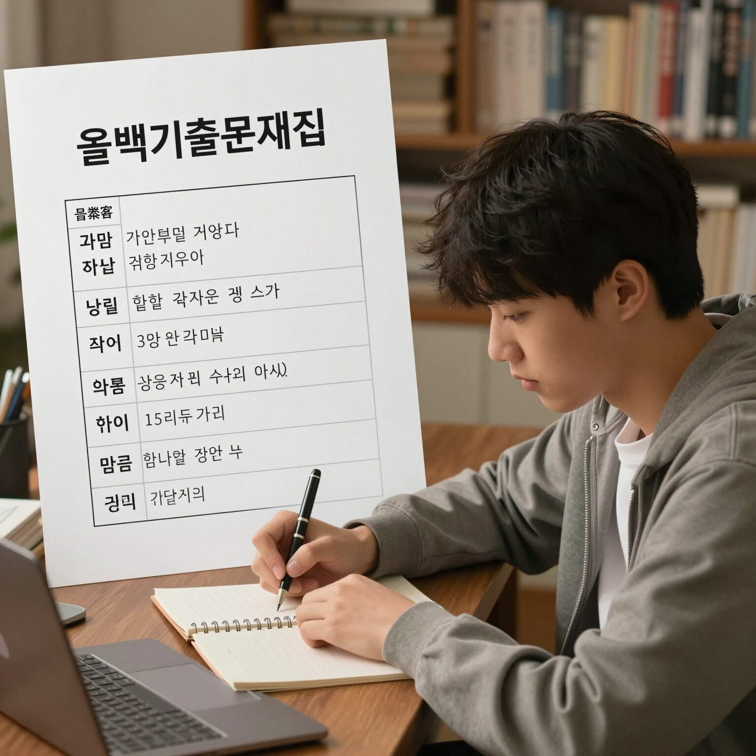 올백기출문제집 학습 계획표와 문제 푸는 학생의 모습