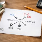 산성 아미노산의 역할과 모발 관리 아미노산의 기본 구조를 나타낸 다이어그램, 알파 탄소와 아미노기, 카르복실기, 수소, 곁사슬이 표시됨