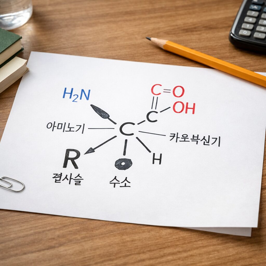아미노산의 기본 구조를 나타낸 다이어그램, 알파 탄소와 아미노기, 카르복실기, 수소, 곁사슬이 표시됨