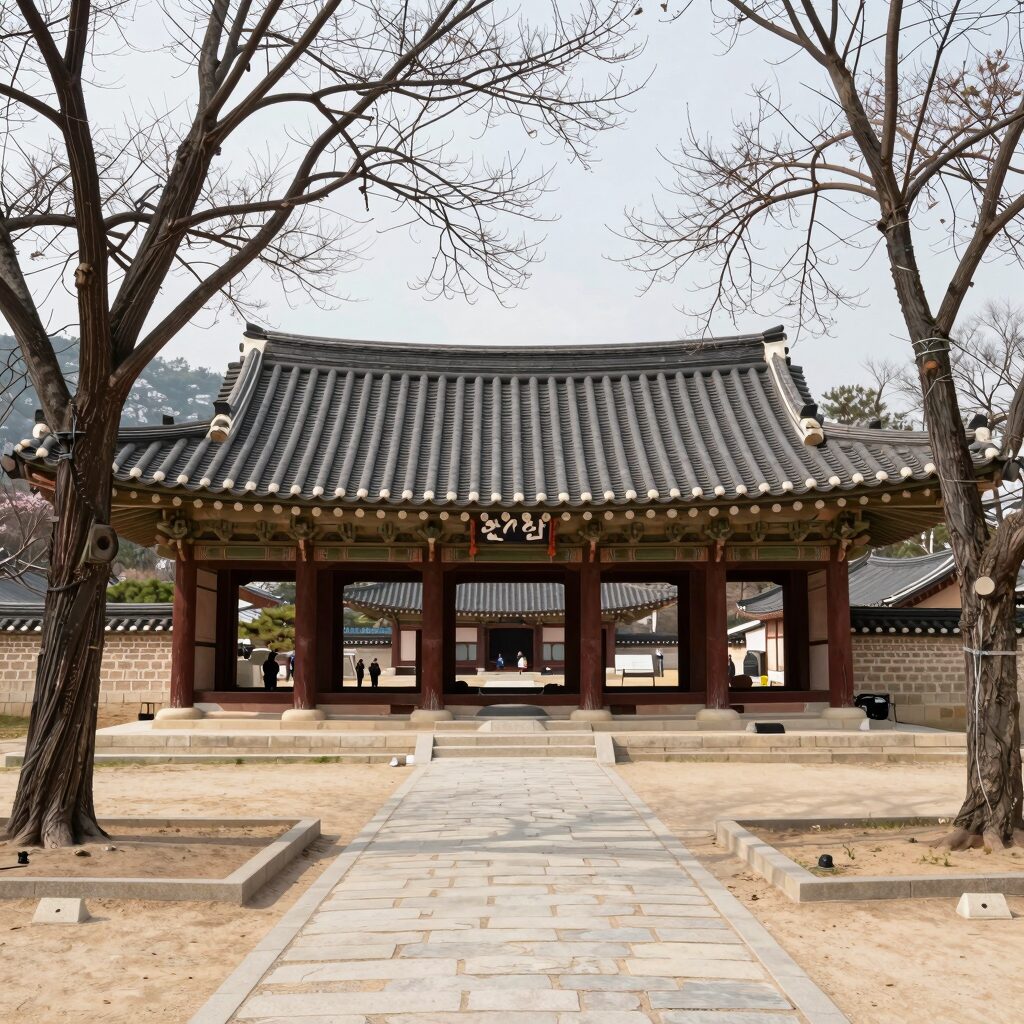 아산 현충사 본전과 봄날의 풍경, 나무와 전통 건축물이 조화를 이룬 모습