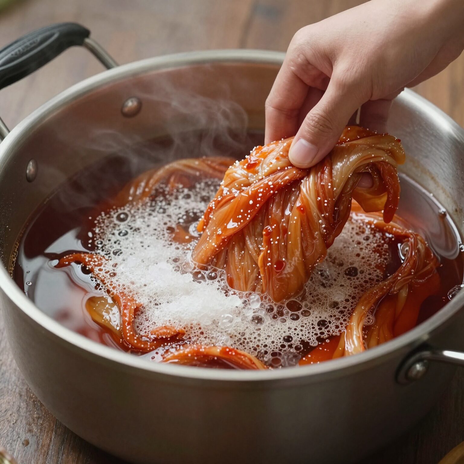 두릅장아찌 간장물 만드는 과정 냄비에 간장 식초 설탕을 넣고 끓이고 있음
