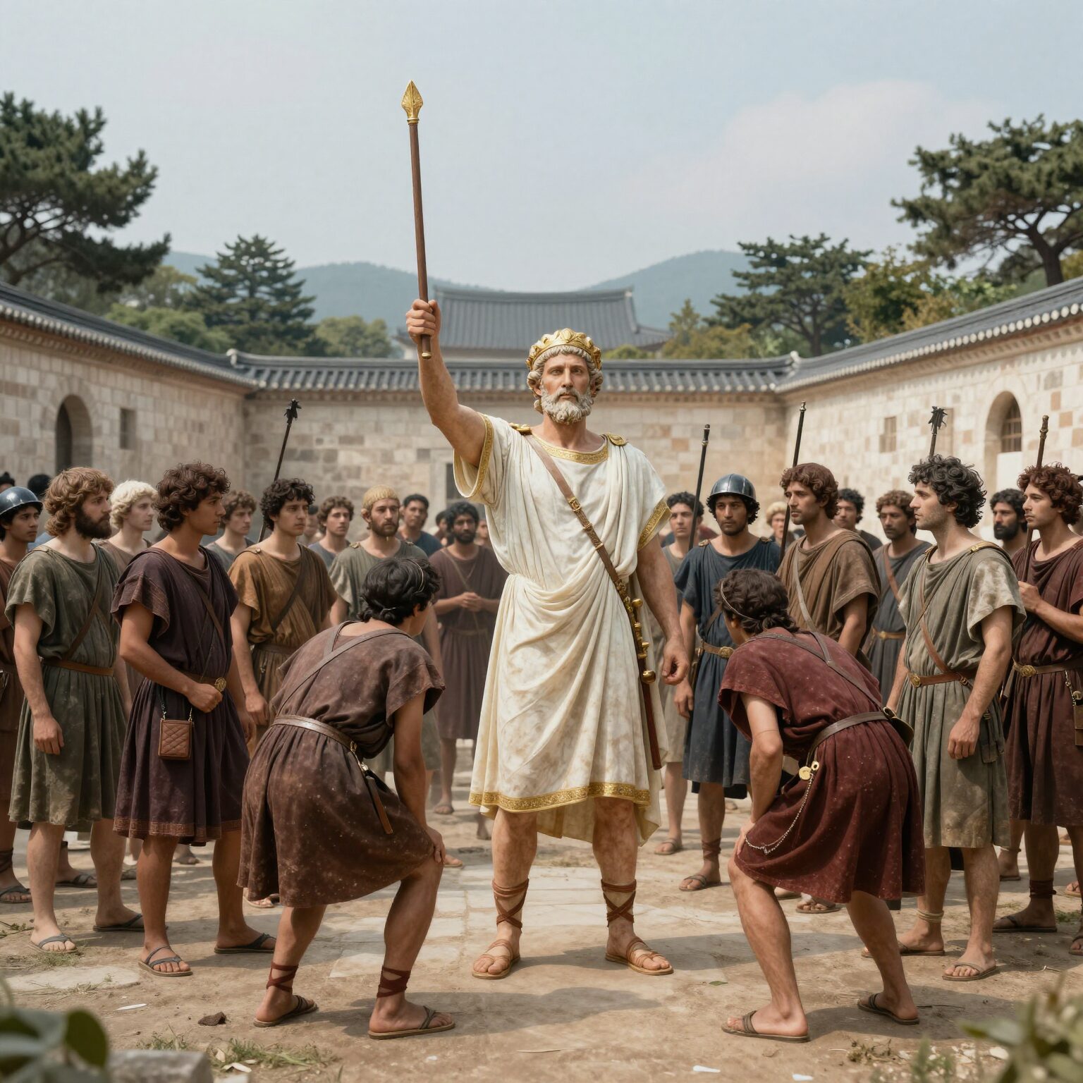 고대 아테네 민회에서 군중이 장군 처형을 요구하는 장면을 표현한 디지털 아트