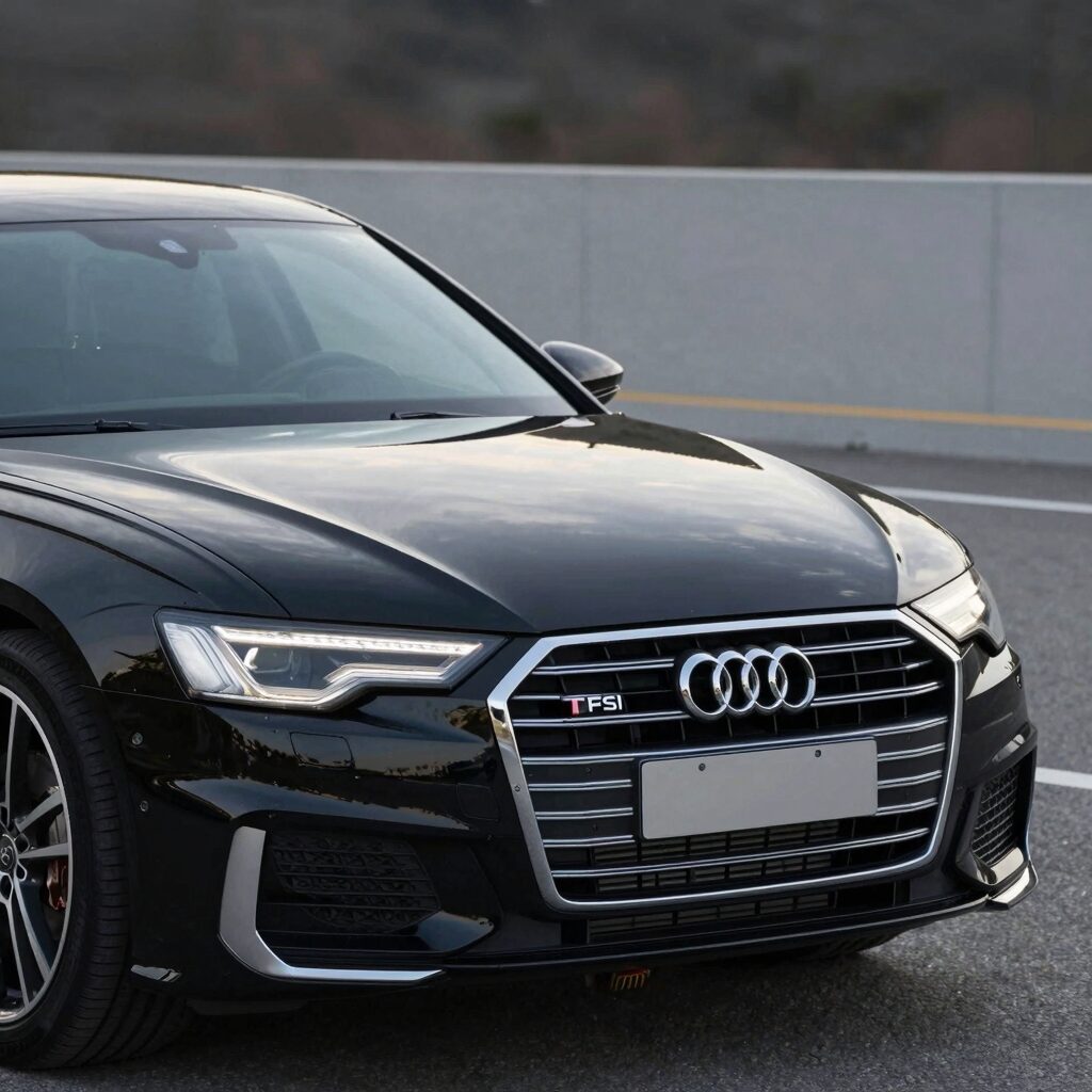 2026년형 아우디 A6 45 TFSI 콰트로 프리미엄 블랙 패키지 적용된 전면 모습