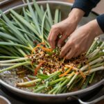 방풍나물 효능과 쓴맛 제거 요리법 데쳐서 물기를 뺀 방풍나물을 양념과 함께 무치는 과정