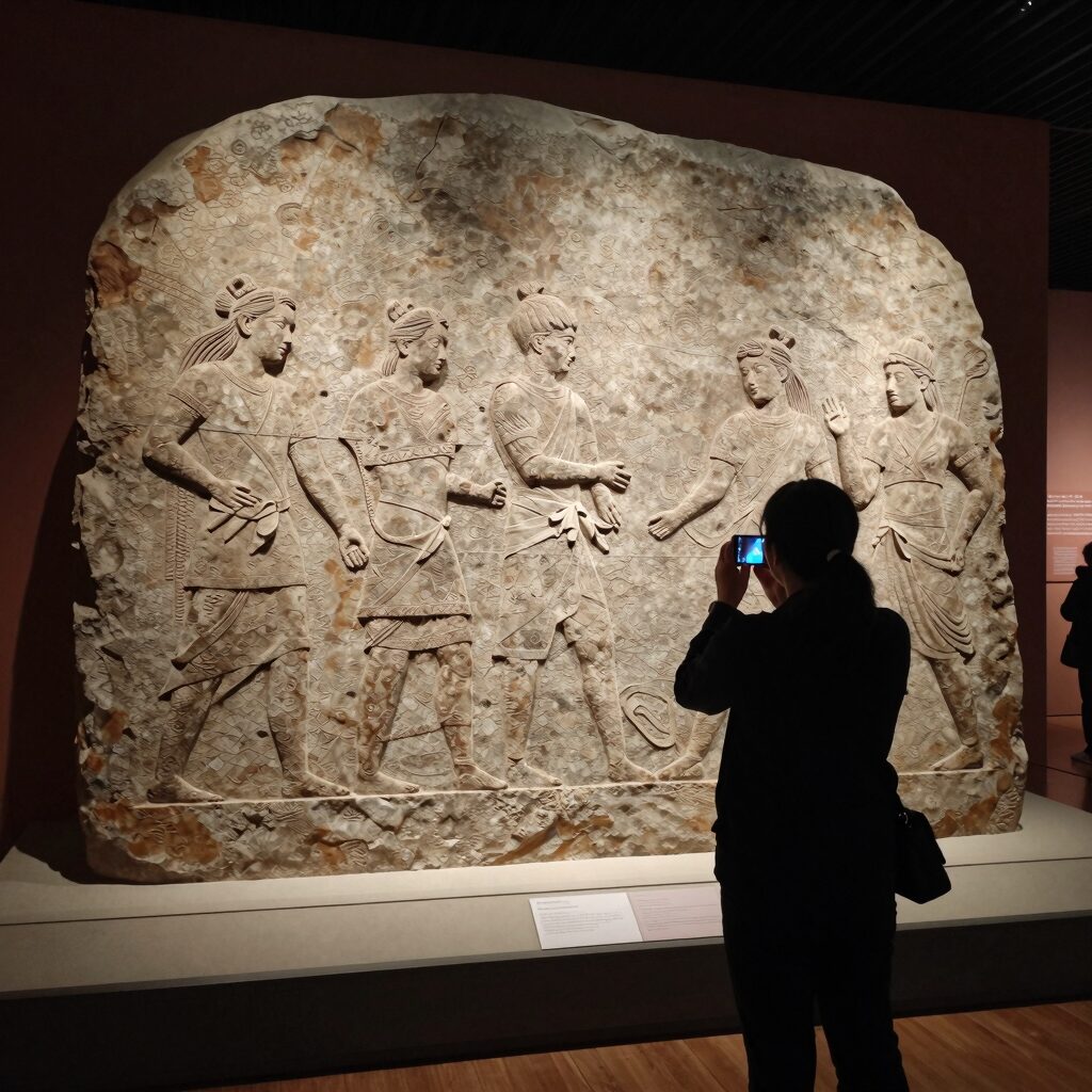 울산 암각화박물관 1층에 전시된 반구대 암각화 모형과 관람객의 모습