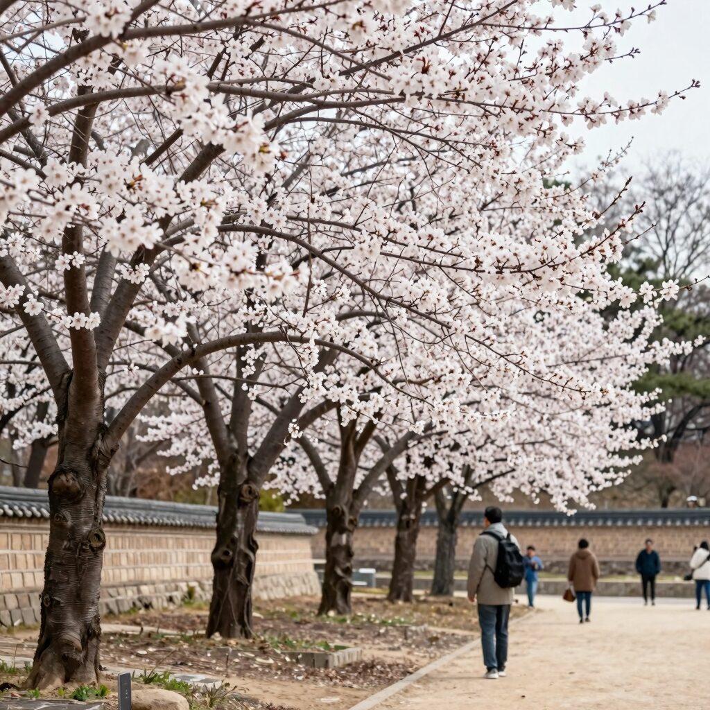 봄에 하얀 꽃이 만개한 박태기나무(밥티나무) 정원 사진