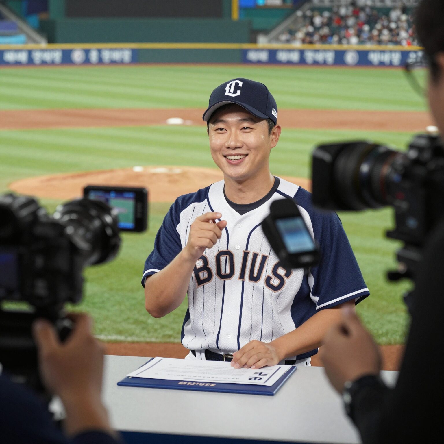 베이스볼S 아나운서가 스튜디오에서 밝은 미소로 야구 중계를 진행하고 있는 모습