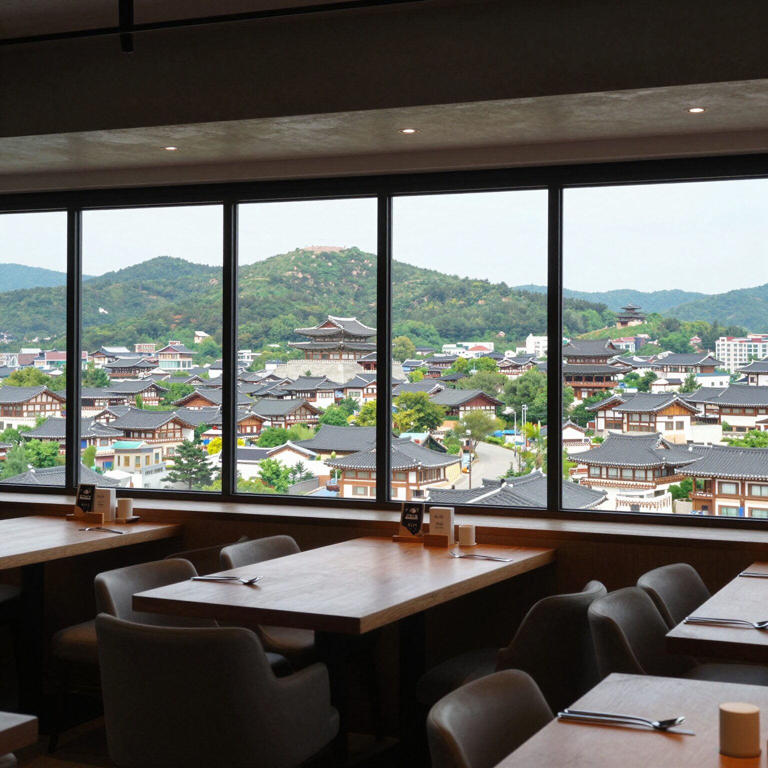양구 비봉전망타워 전망대레스토랑 내부 인테리어와 창밖의 양구 시내 전경