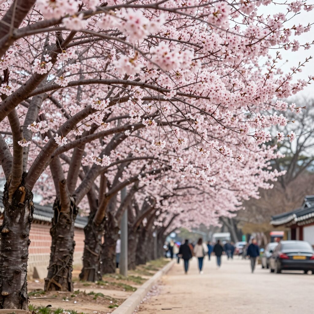 경주 불국사 공원에 핀 분홍색 겹벚꽃 나무들이 길게 늘어선 풍경